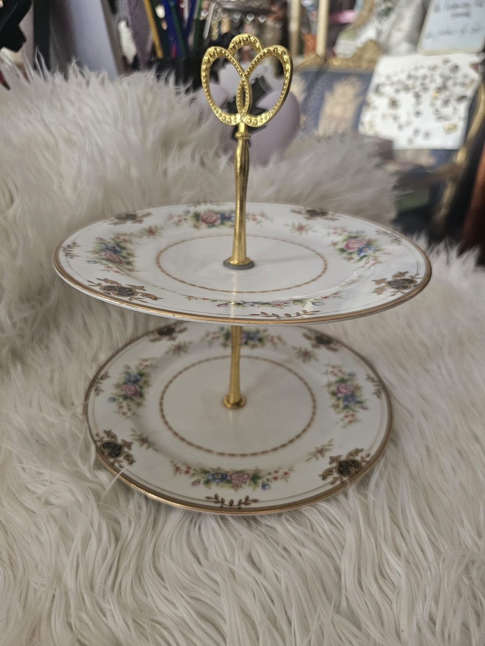 Two-Tier Porcelain Dessert Stand with Gold Accents - White Floral
